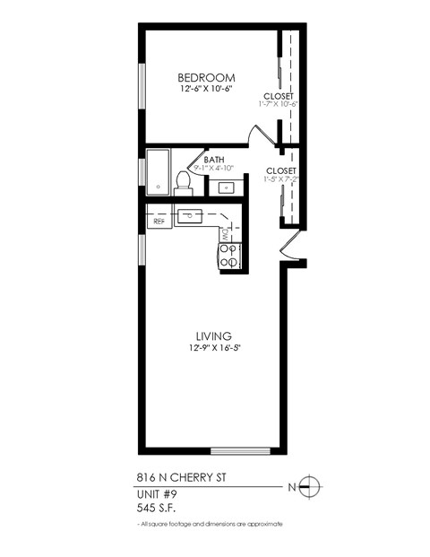 A floor plan for a unit at 816 N Cherry St shows a bedroom, a bathroom, and a living area.